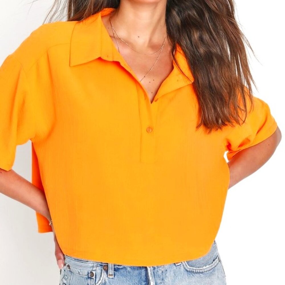 Lulus Weekly Chic Orange Textured Button-up Crop Top - Size M
